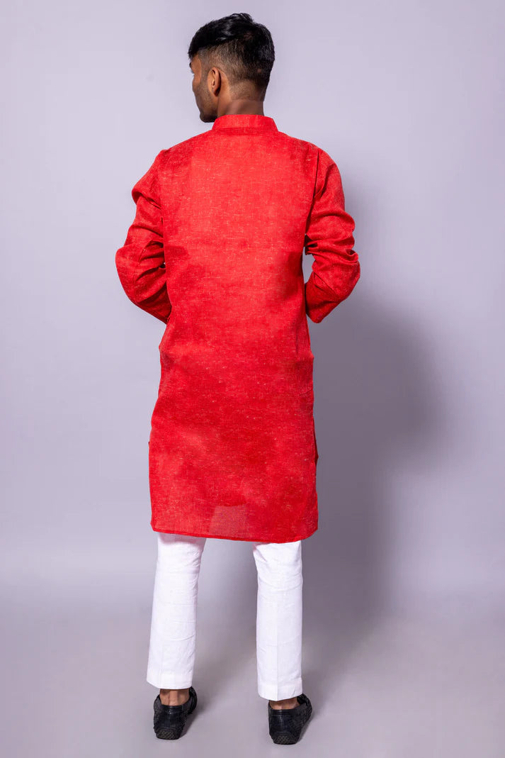 Men’s Red Long Cotton Kurta – Traditional Elegance with Modern Comfort RUDRAAKSHA