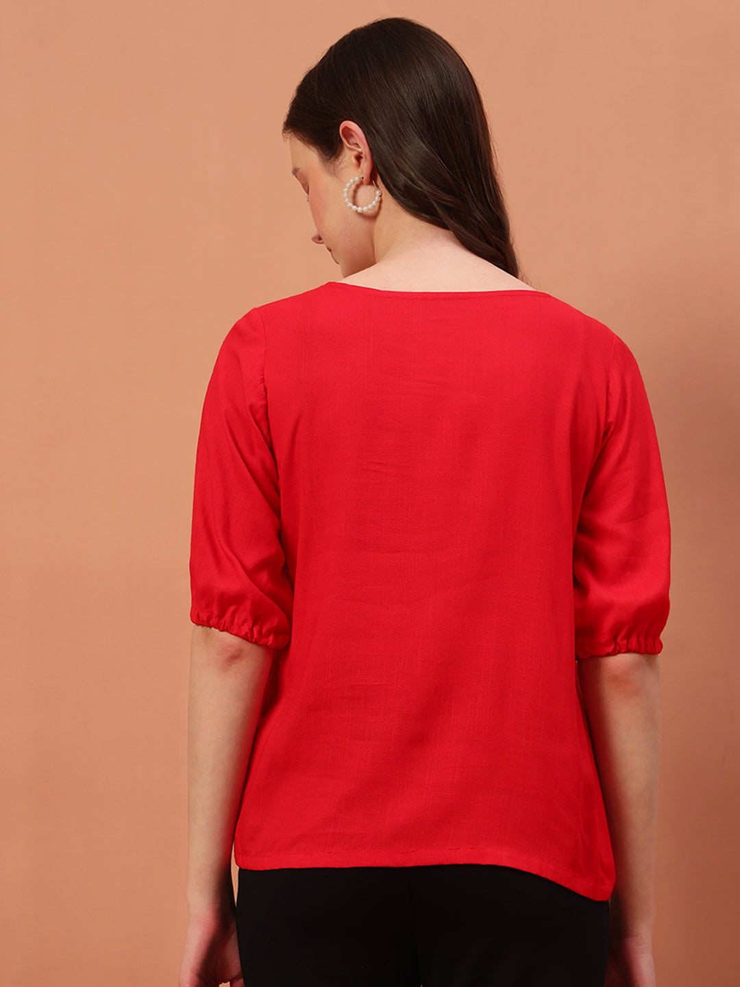 Red Round Neck Puff Sleeve Top RUDRAAKSHA