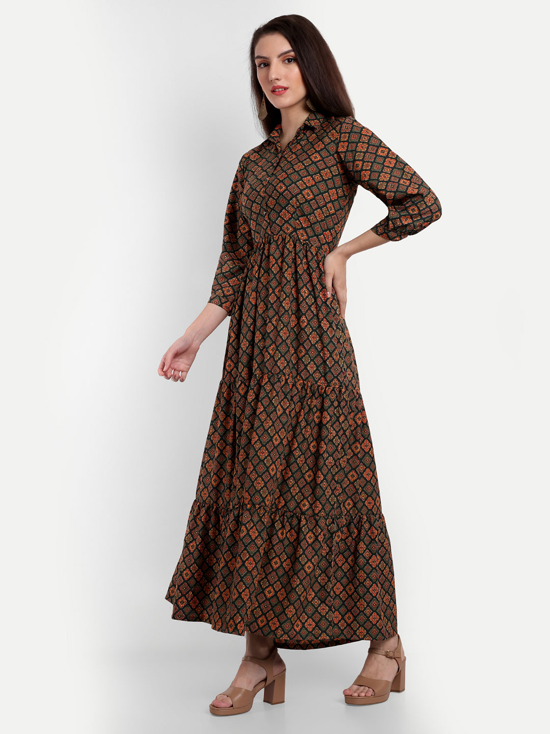 stylish collared cotton printed maxi dress for women