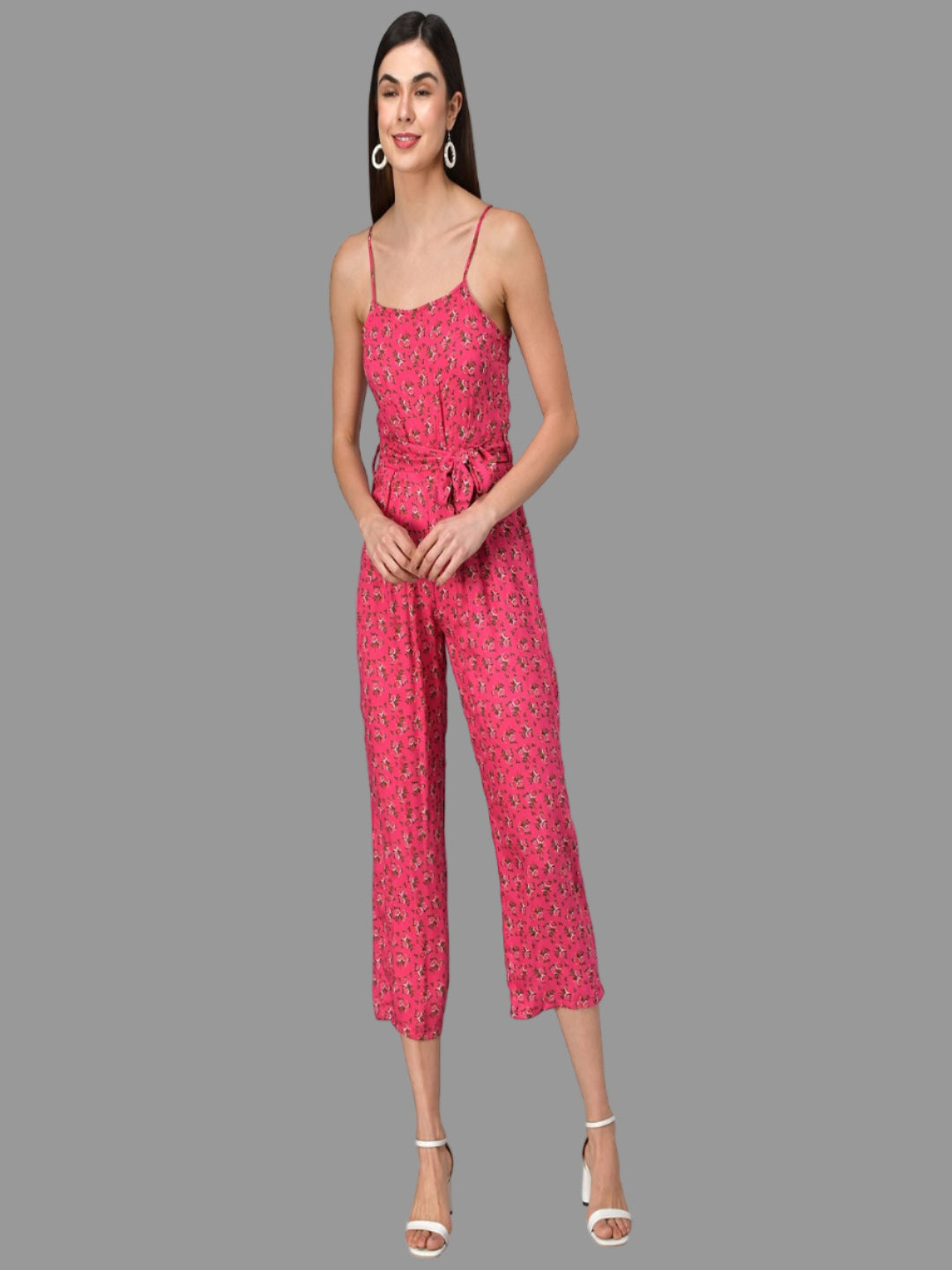 Chic Floral Print Cropped Jumpsuit with Tie-Up Waist for Women