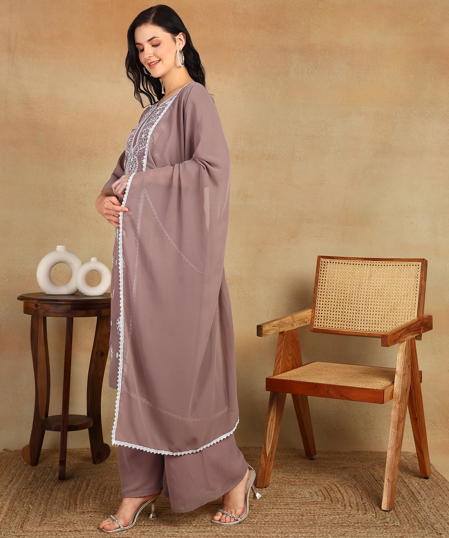 Chikankari Straight Kurta with Palazzo & Dupatta set