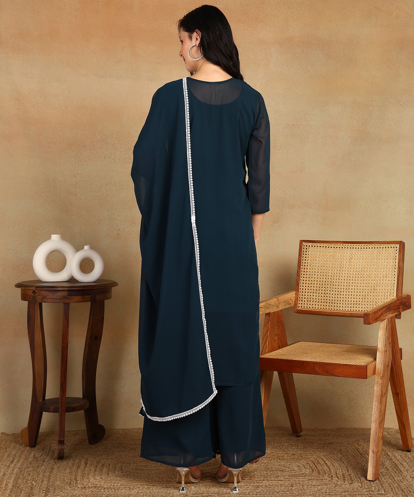 Chikankari Straight Kurta with Palazzo & Dupatta set