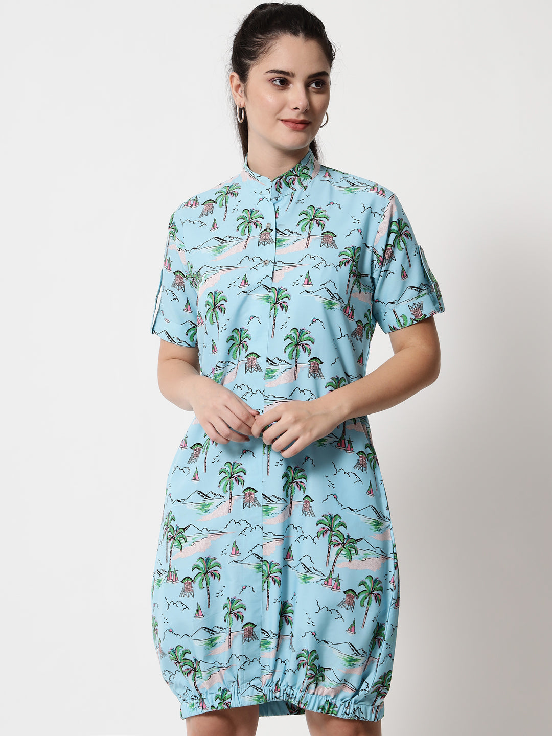 Printed Elasticated Short Dress (Blue)