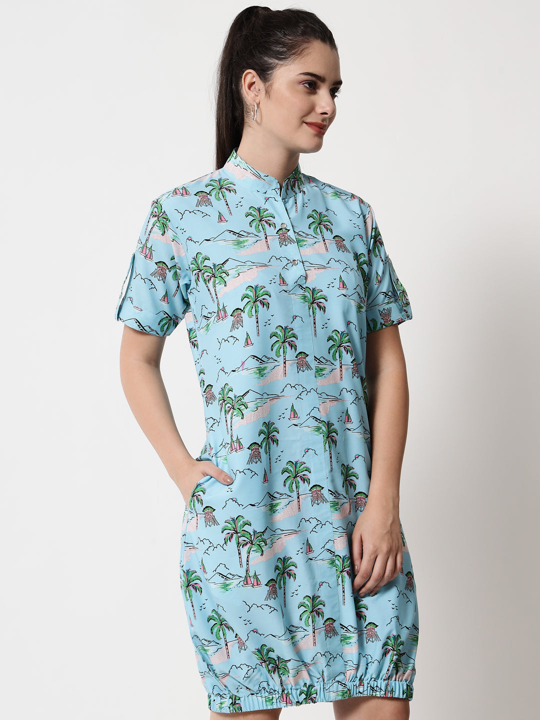Printed Elasticated Short Dress (Blue)