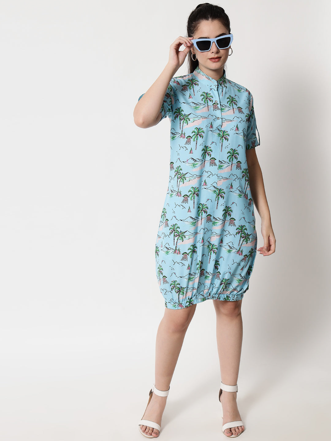 Printed Elasticated Short Dress (Blue)