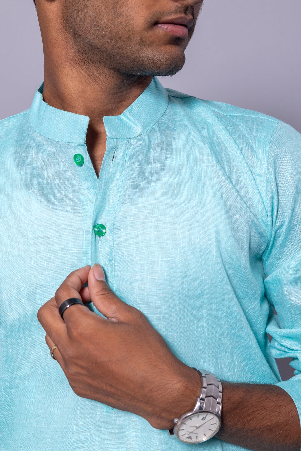 Cotton Blend Solid Casual Short Kurta for Men Long Sleeve Mandarin Collar Stylish Shirt Kurta for Men