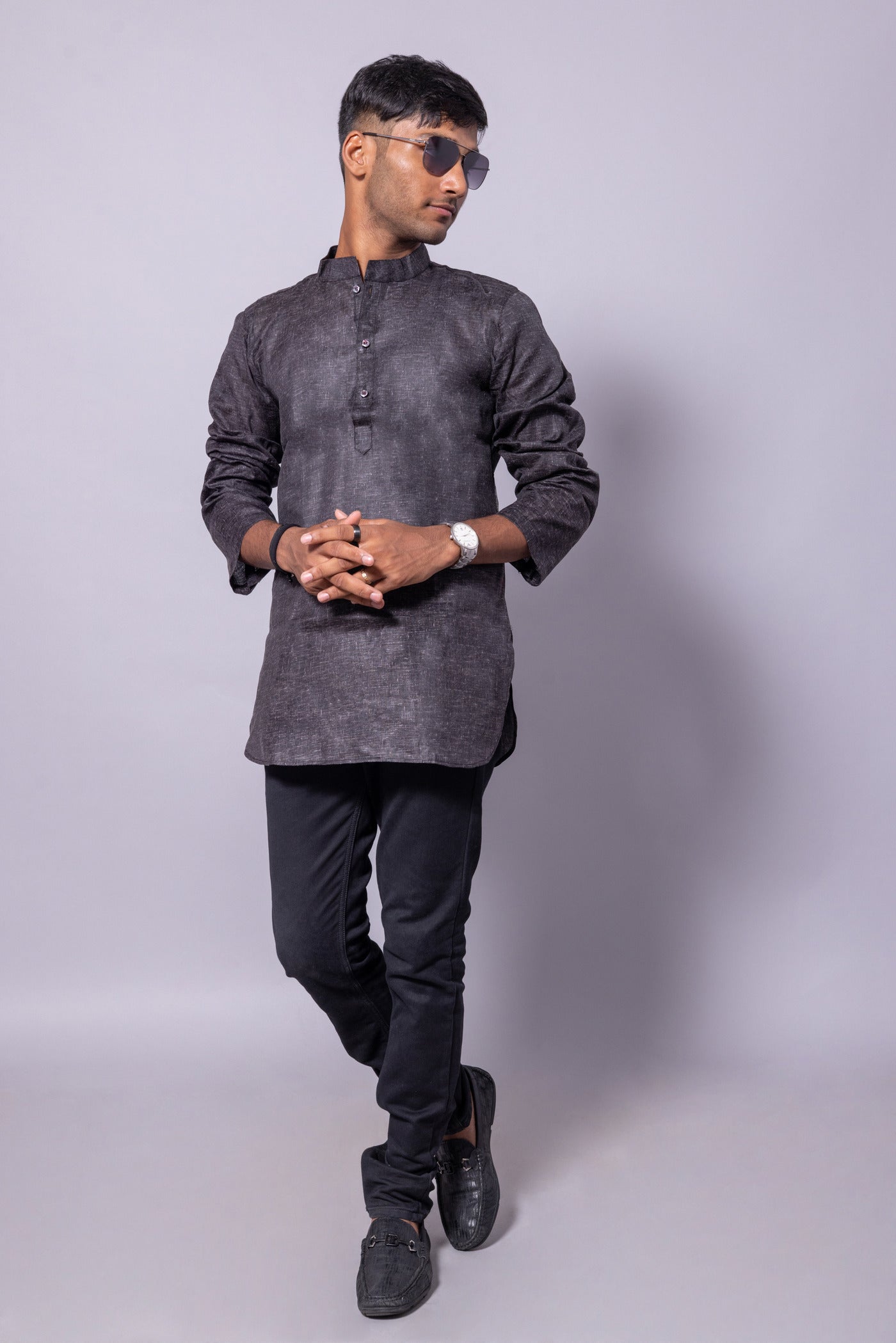 Cotton Blend Solid Casual Short Kurta for Men Long Sleeve Mandarin Collar Stylish Shirt Kurta for Men