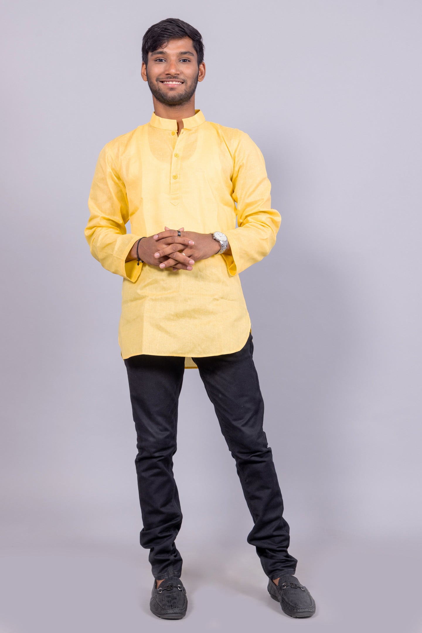 Cotton Blend Solid Casual Short Kurta for Men Long Sleeve Mandarin Collar Stylish Shirt Kurta for Men