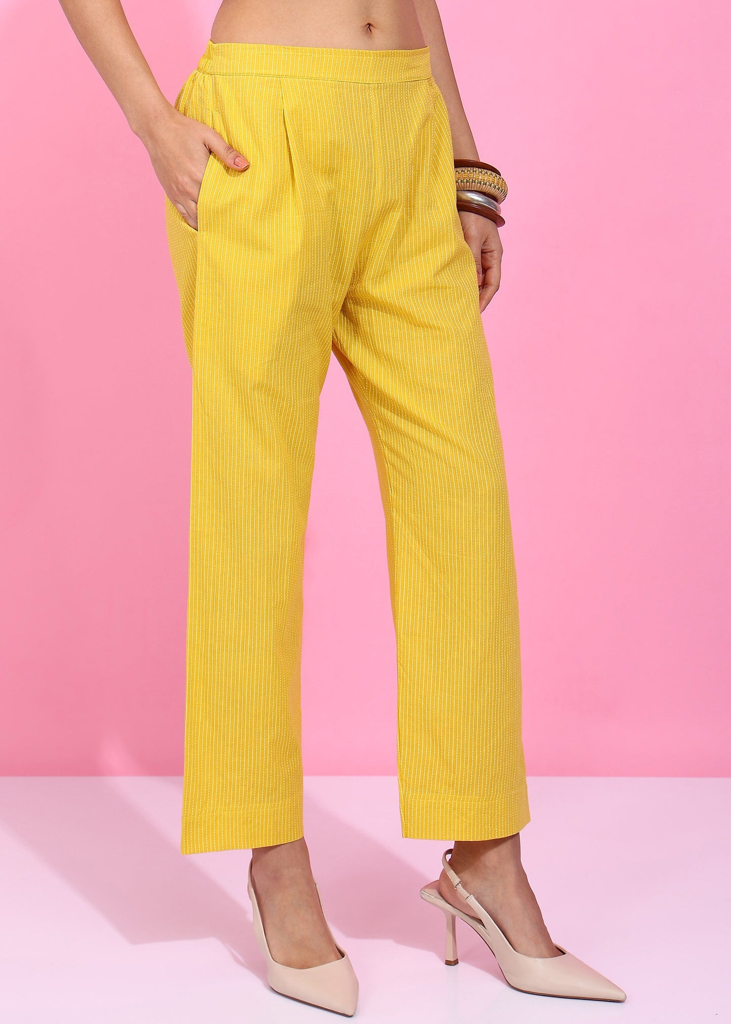 Rudraaksha Yellow Cotton Co-Ord Set for Women | Sleeveless Kurti Top & Straight Pants | Summer Wear Cotton Set RUDRAAKSHA