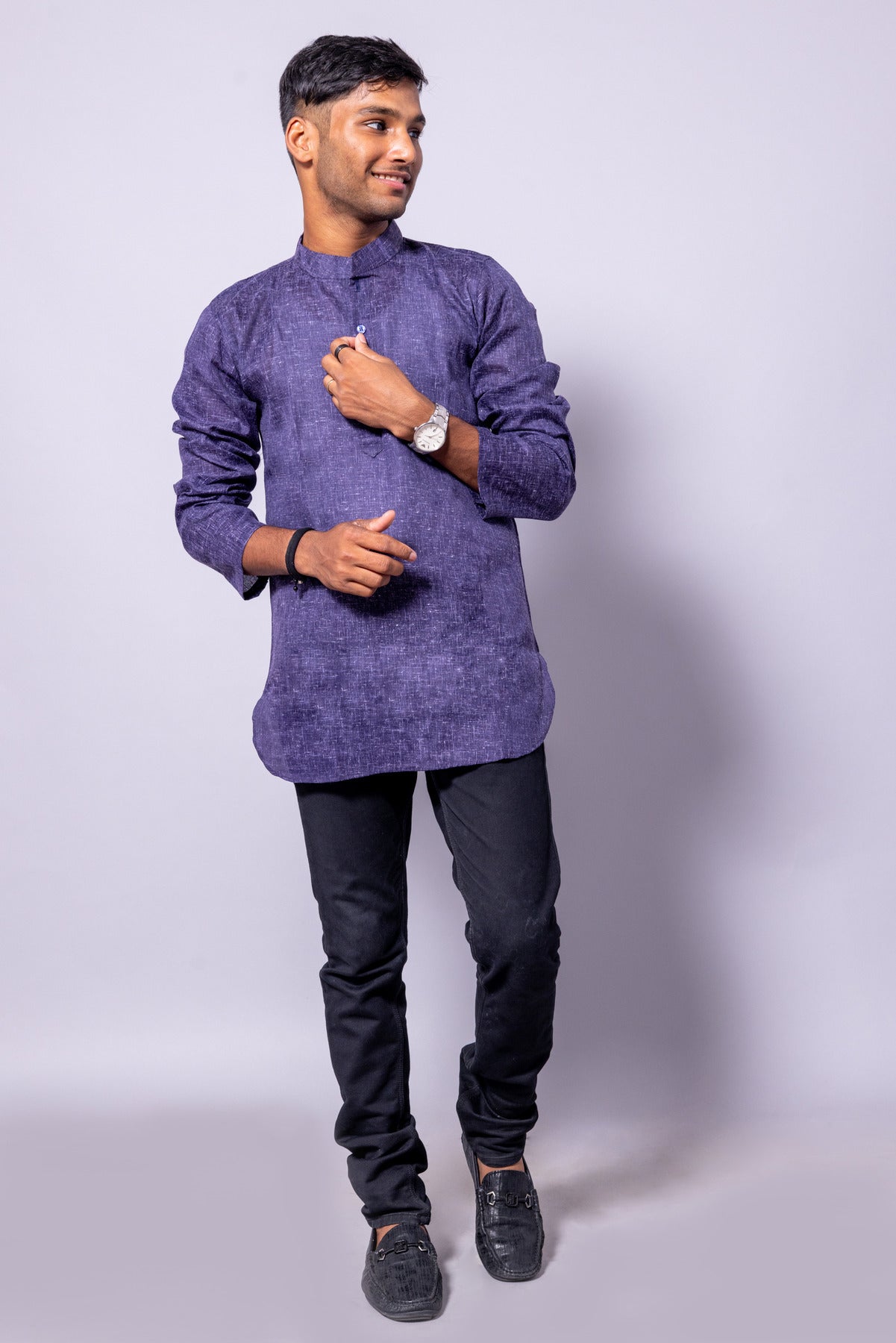 Cotton Blend Solid Casual Short Kurta for Men Long Sleeve Mandarin Collar Stylish Shirt Kurta for Men