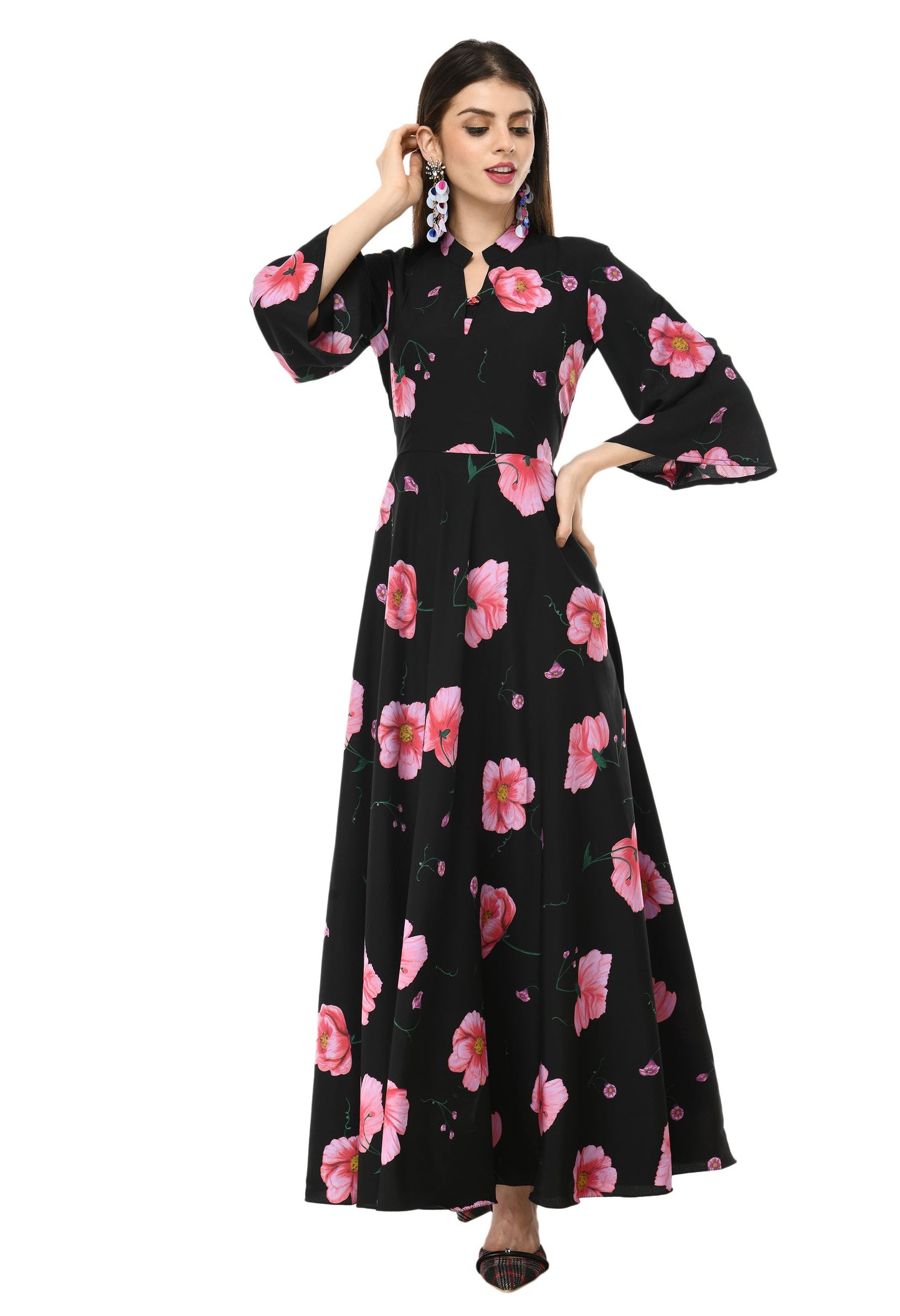 Rudraakshaksha women's printed black crepe fit and flary maxi dress
