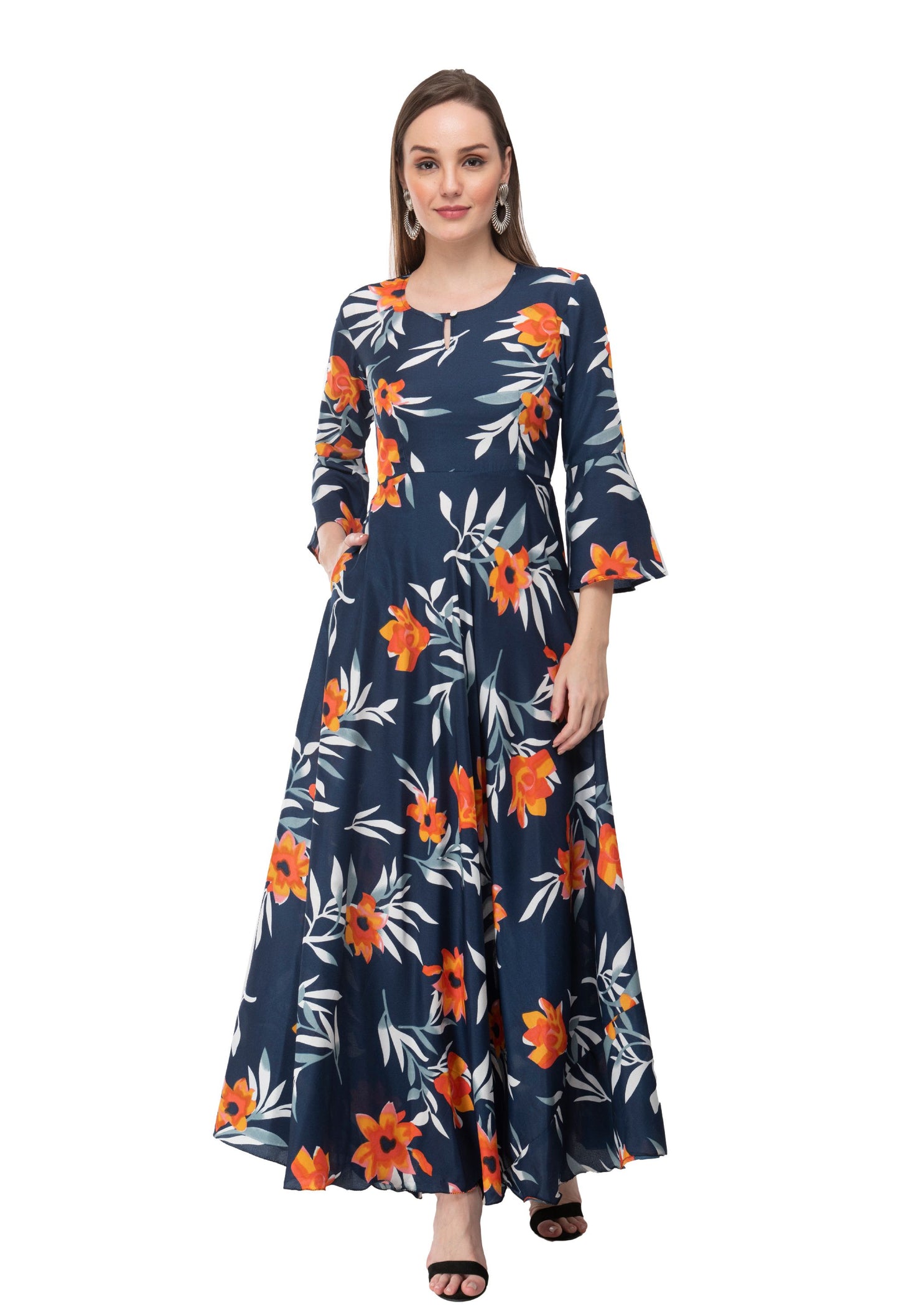 Rudraakshaksha women's printed black crepe fit and flary maxi dress