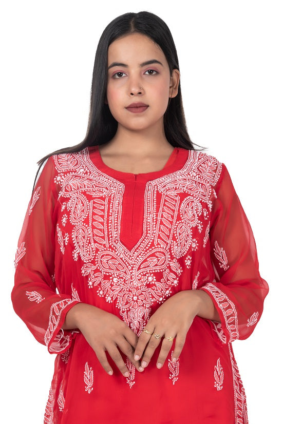 Rudraaksha Women's Red Georgette Lucknowi Chikankari Kurta & White Palazzo Set | Traditional Ethnic Wear