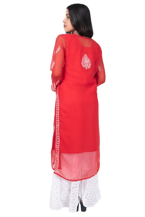 Rudraaksha Women's Red Georgette Lucknowi Chikankari Kurta & White Palazzo Set | Traditional Ethnic Wear
