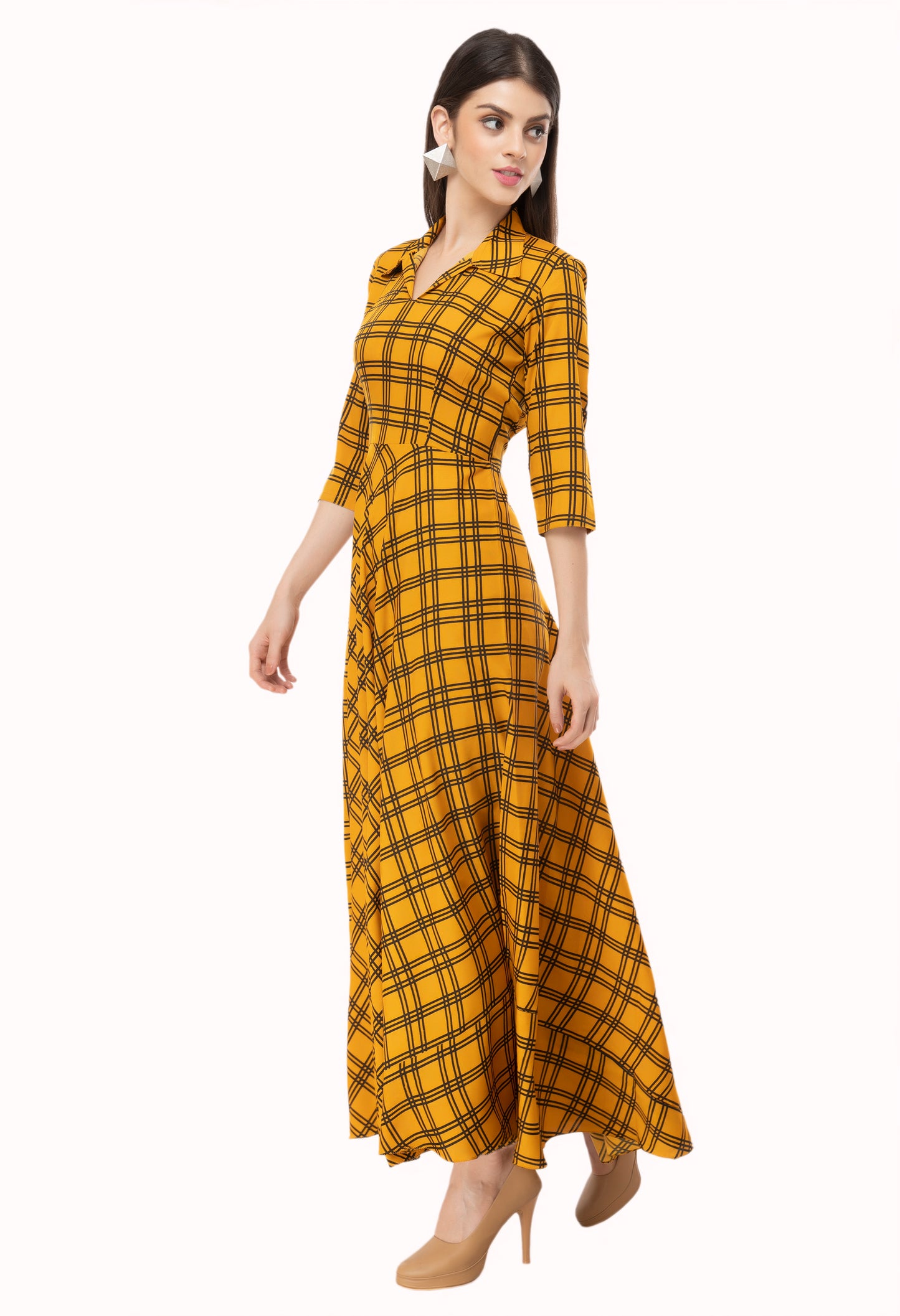 Safari Collared Checkered Maxi Dress