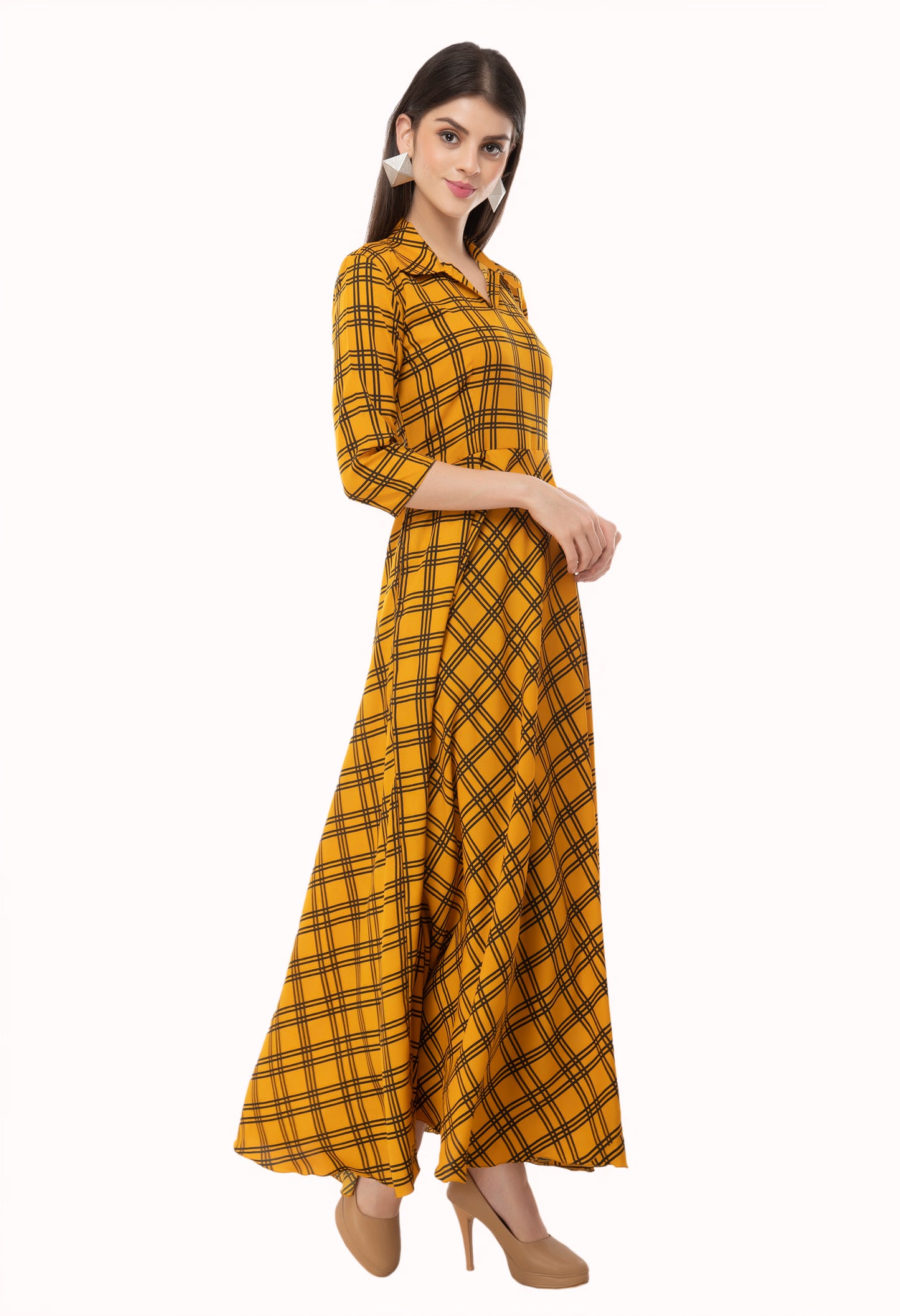 Safari Collared Checkered Maxi Dress