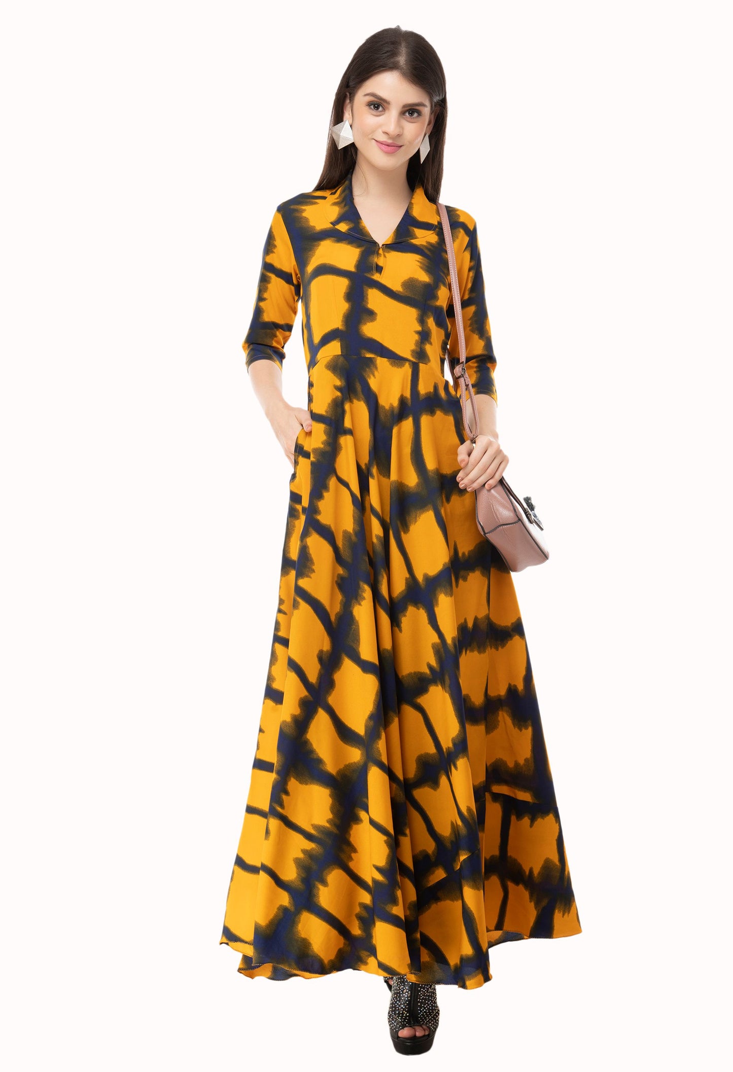 Rudraakshaksha women's printed black crepe fit and flary maxi dress