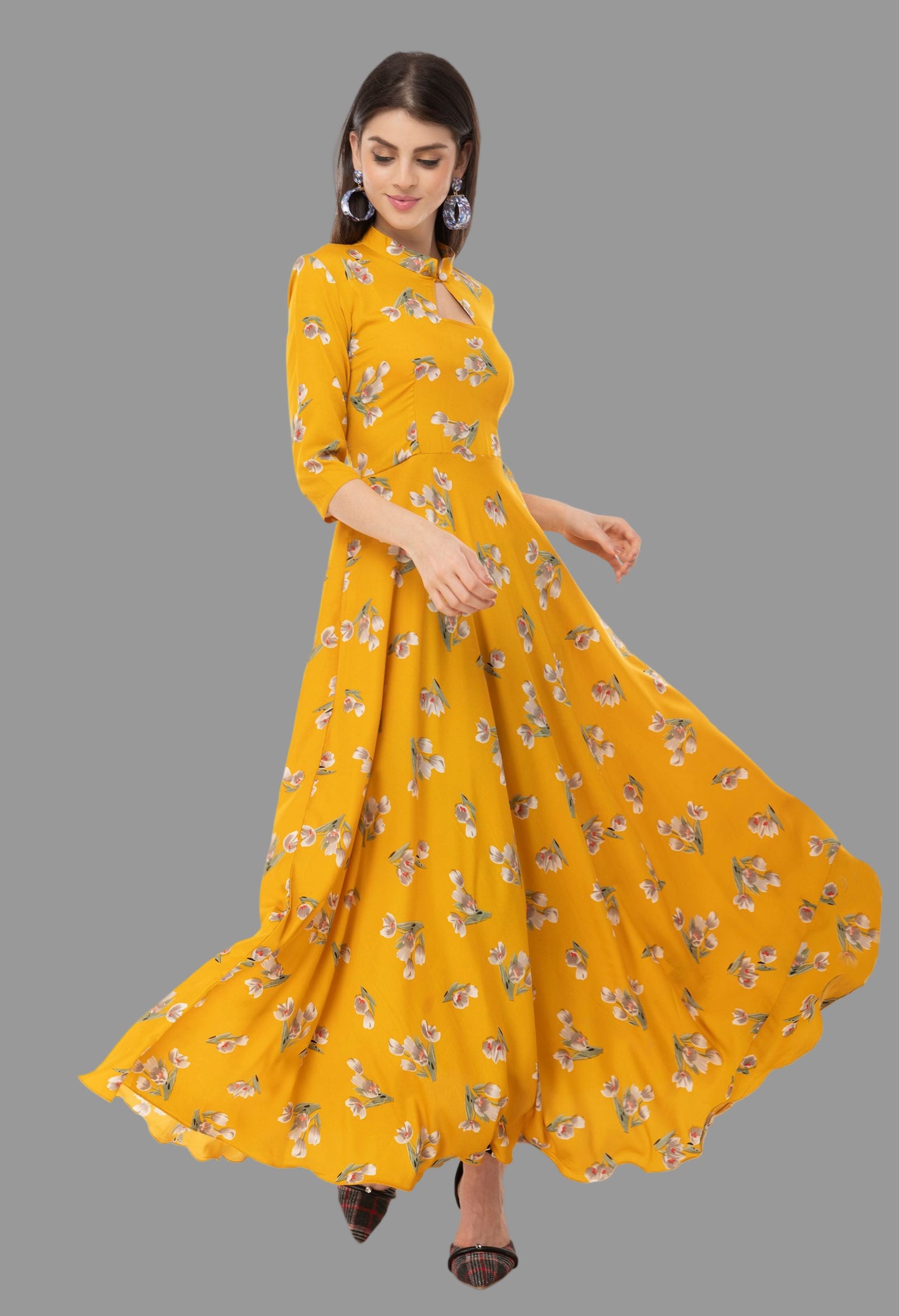 Women's Elegant Flared Full-Length Gown with Bell Sleeves maxi dress