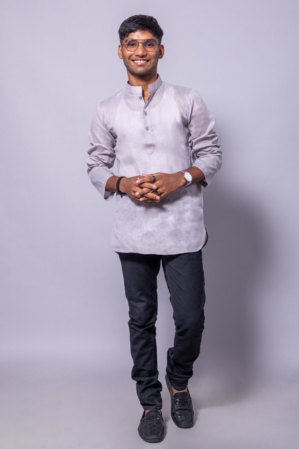 Cotton Blend Solid Casual Short Kurta for Men Long Sleeve Mandarin Collar Stylish Shirt Kurta for Men