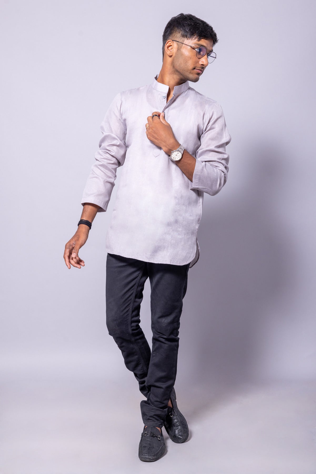 Cotton Blend Solid Casual Short Kurta for Men Long Sleeve Mandarin Collar Stylish Shirt Kurta for Men