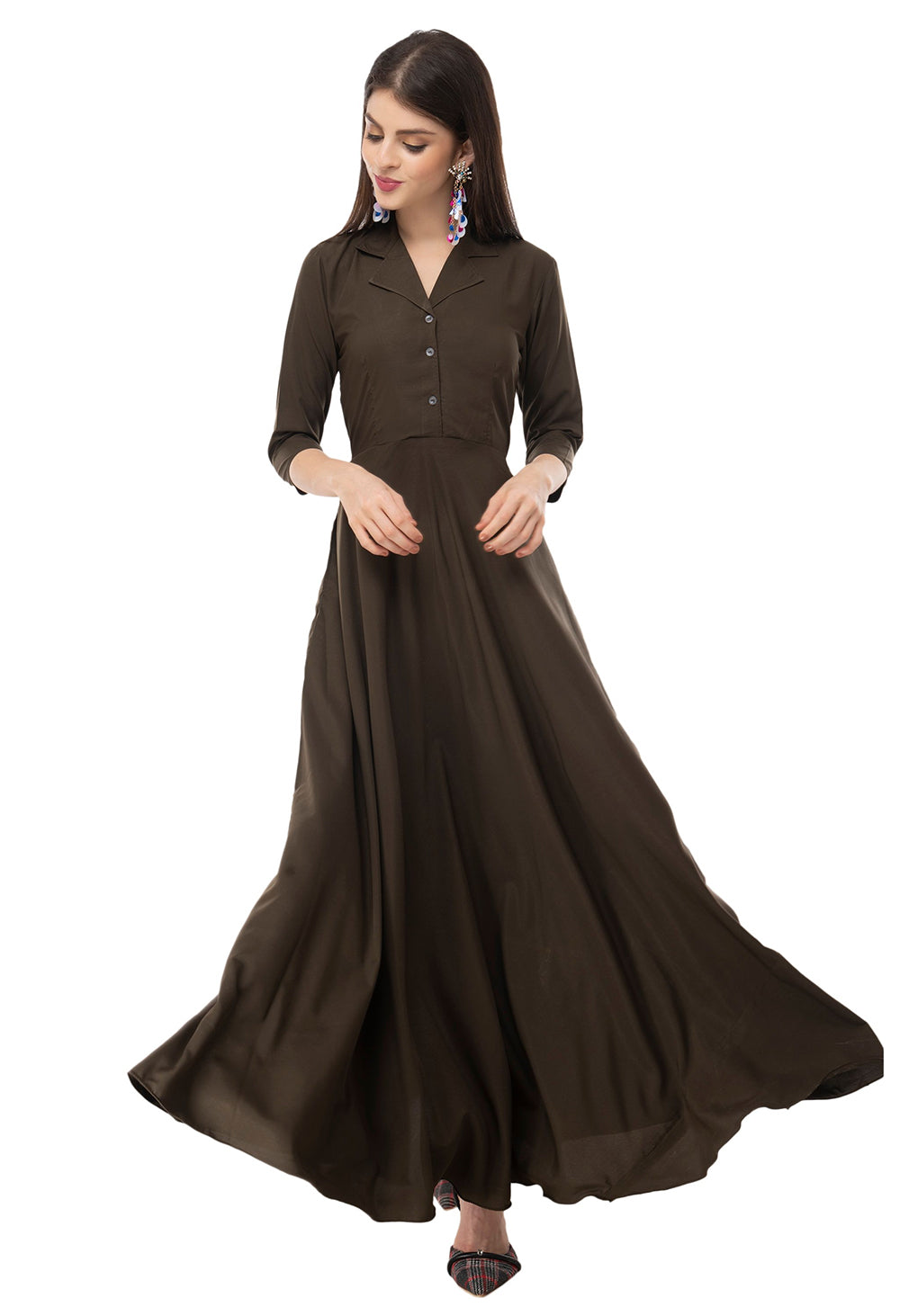Rudraaksha women's solid crepe fit and flary maxi dress