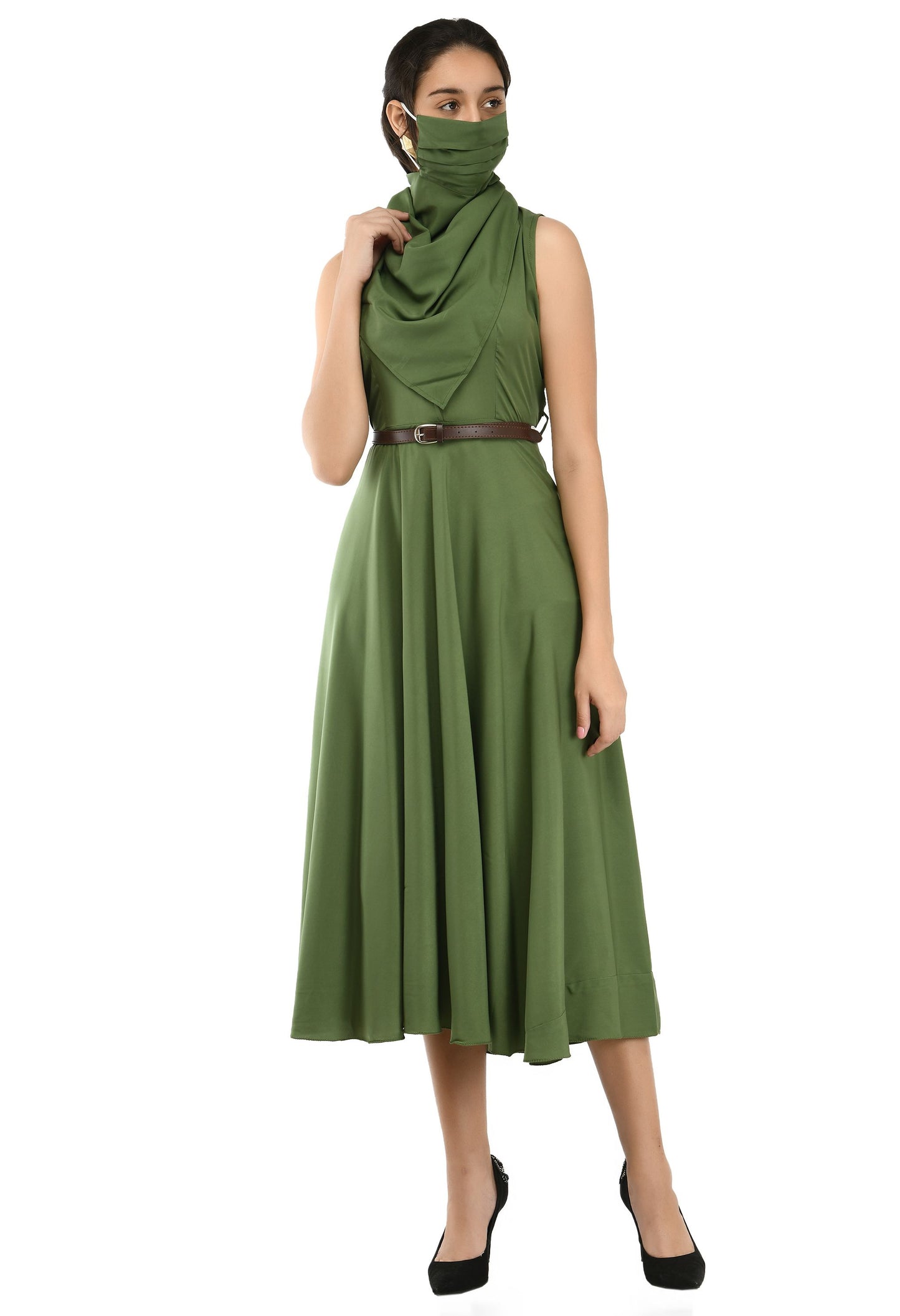 Rudraakshaksha women's crepe solid Stylish with belt dress