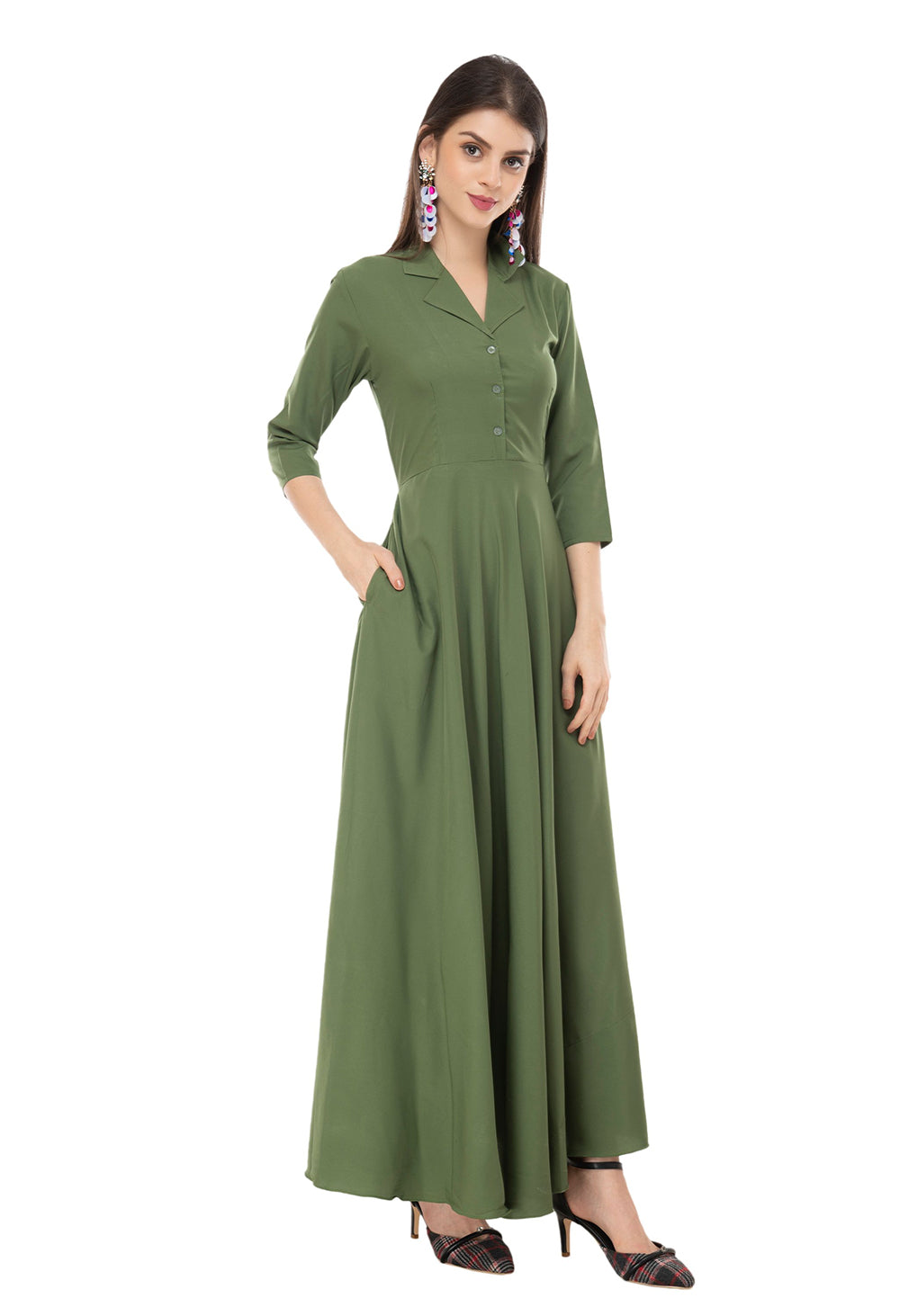 Rudraaksha women's solid crepe fit and flary maxi dress