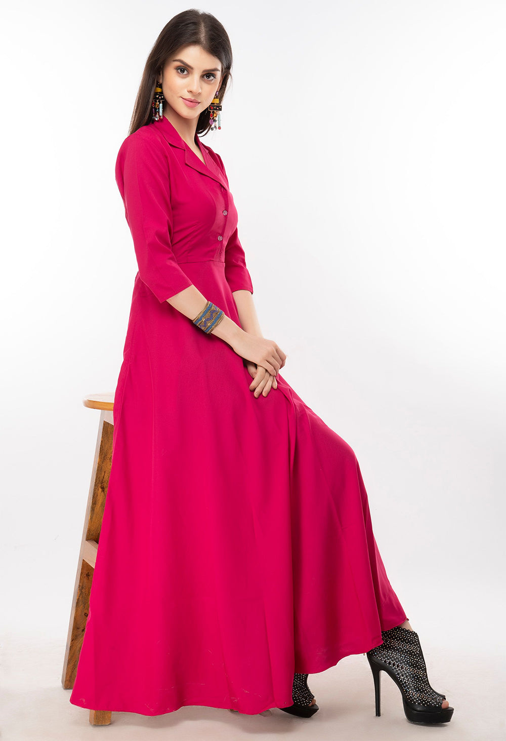 Rudraaksha women's solid crepe fit and flary maxi dress