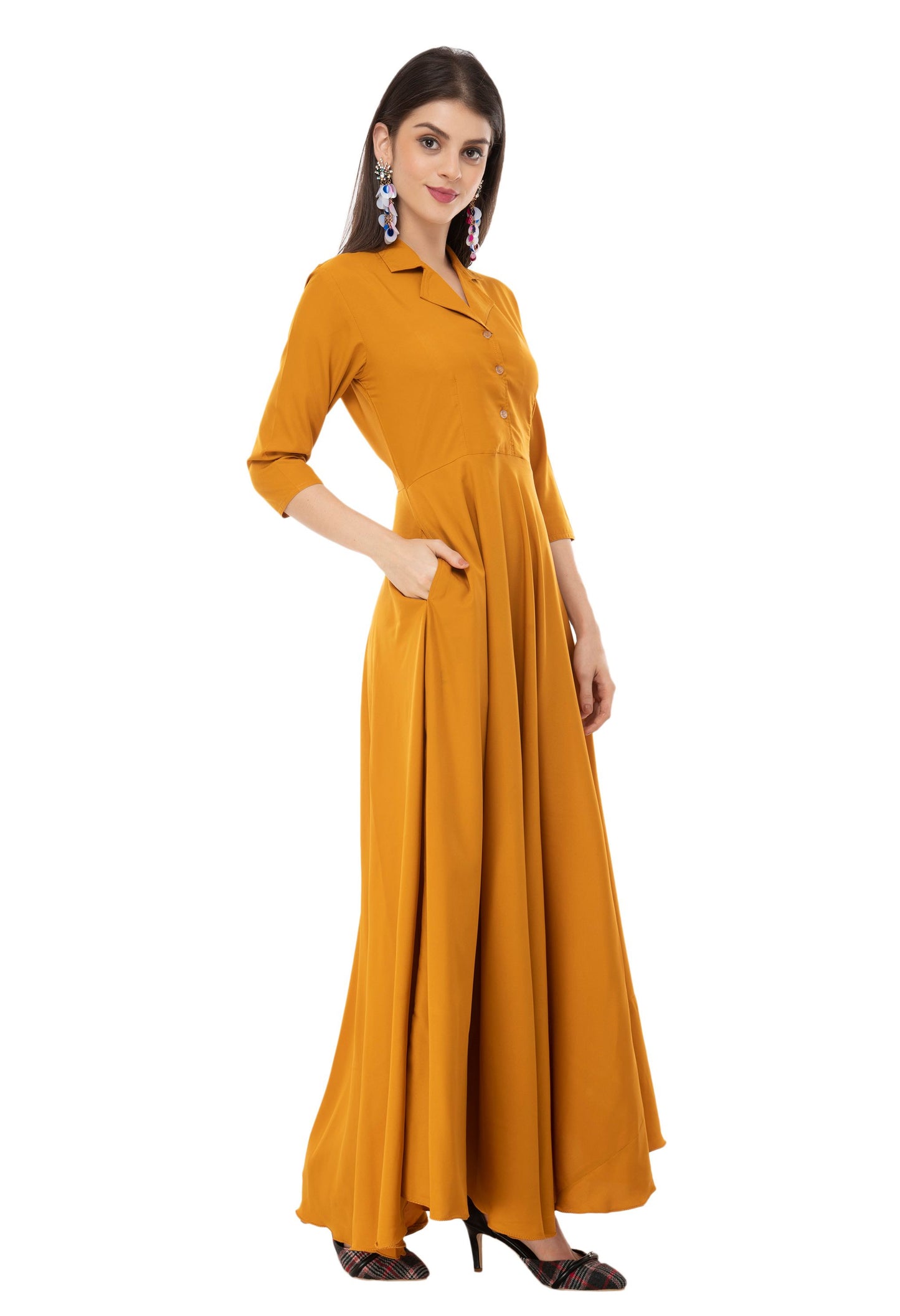 Rudraaksha women's solid crepe fit and flary maxi dress