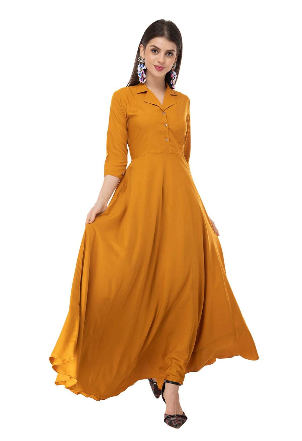 Rudraaksha women's solid crepe fit and flary maxi dress