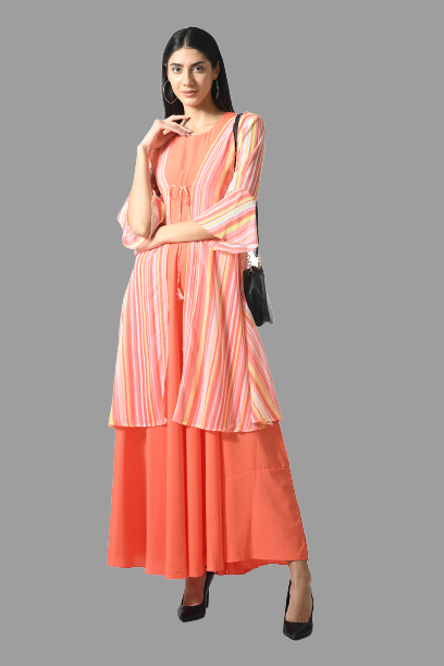 women trendy crepe maxi dress with shrug