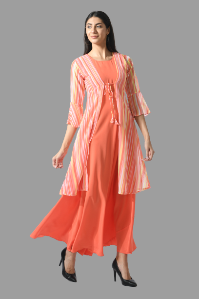 women trendy crepe maxi dress with shrug