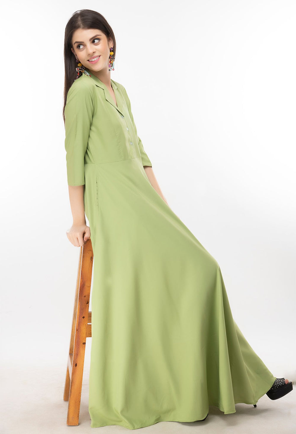 Rudraaksha women's solid crepe fit and flary maxi dress