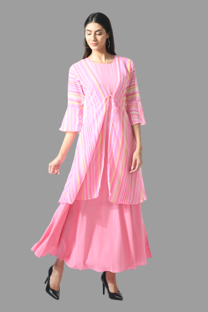 women trendy crepe maxi dress with shrug