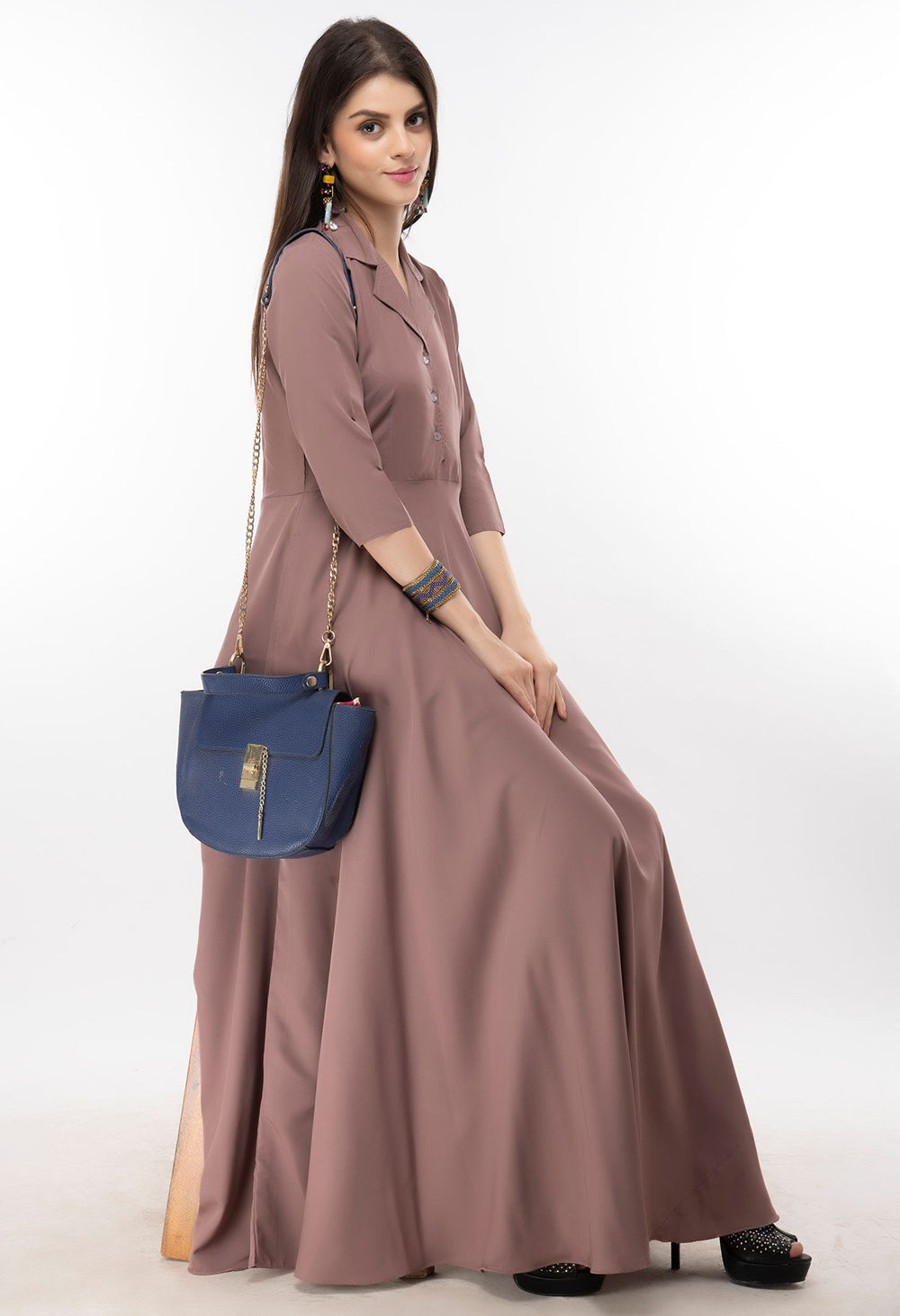 Rudraaksha women's solid crepe fit and flary maxi dress