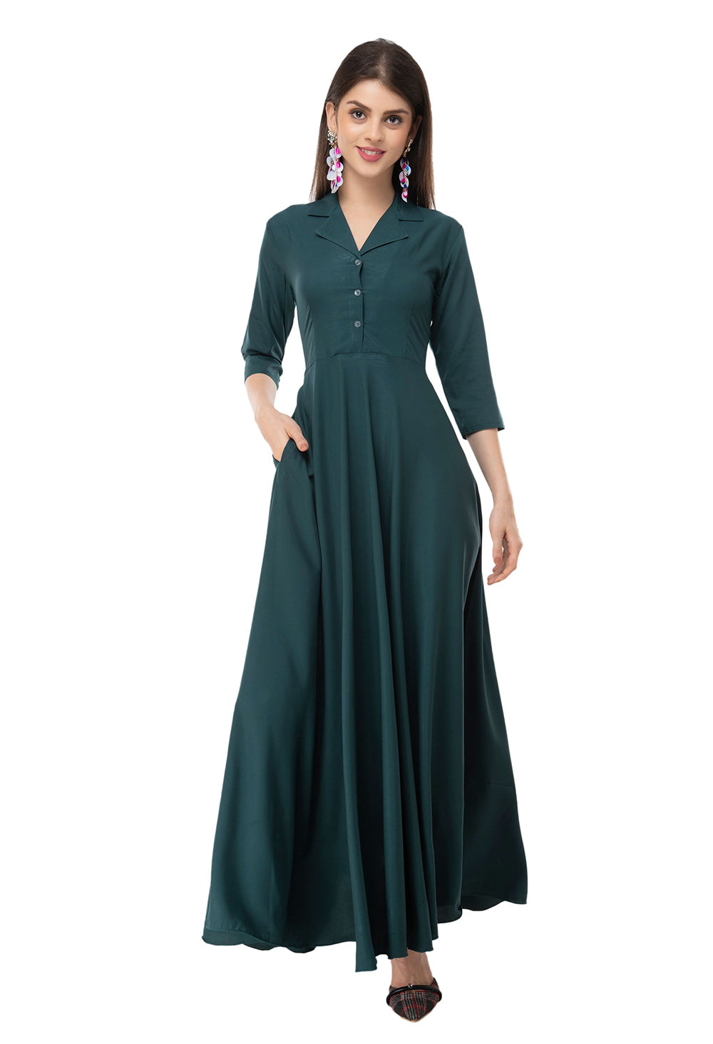 Rudraaksha women's solid crepe fit and flary maxi dress