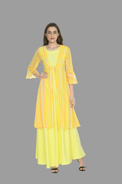 women trendy crepe maxi dress with shrug
