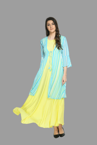 women trendy crepe maxi dress with shrug