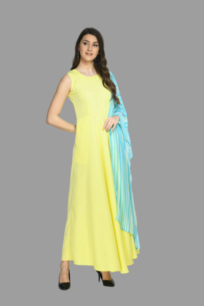 Rudraaksha women stylish and trendy crepe maxi dress with duptta