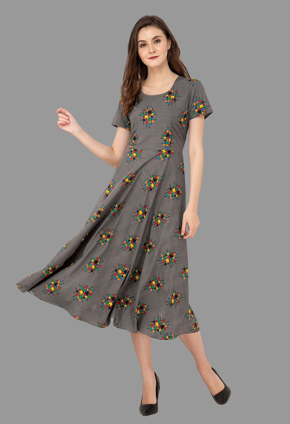 Rudraakshaksha women's checkered crepe fit and flary maxi dress