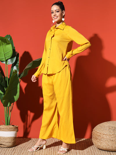 Chic Solid Yellow Full-Sleeve Button-Down Top & Palazzo Set