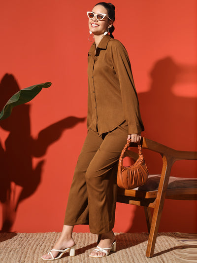 Monochrome Coffee Brown Button-Down Top & Palazzo Set
