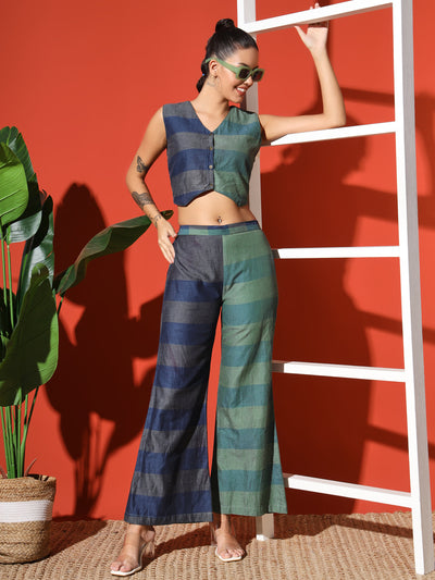 Color-Blocked Striped Sleeveless Crop Top and Wide-Leg Pants Co-ord Set