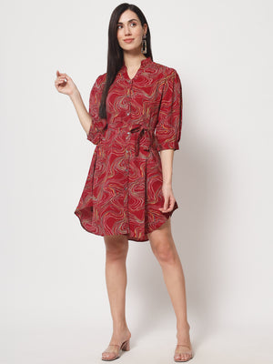Women’s Red Abstract Print Short Dress – Stylish Casual Wear