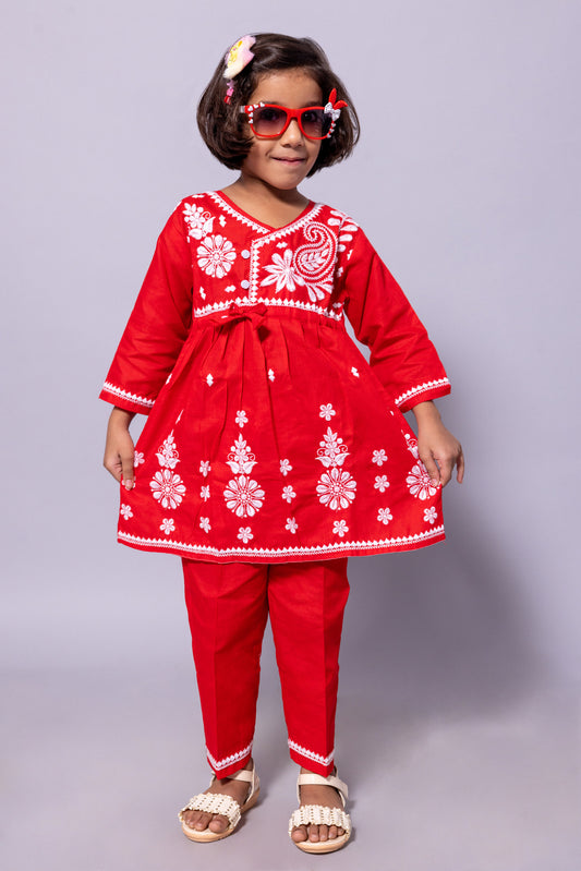Rudraaksha Girl's Embroidered Cotton Kurti & Palazzo Set