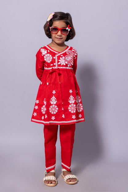 Rudraaksha Girl's Embroidered Cotton Kurti & Palazzo Set