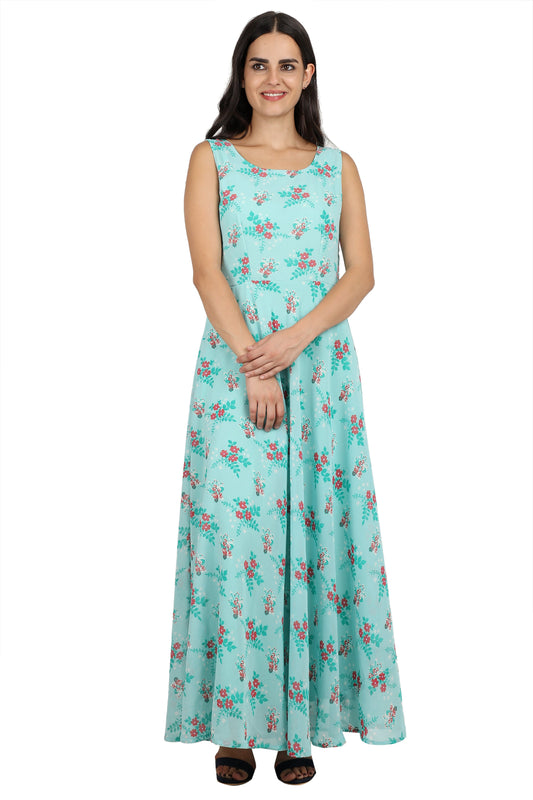 Rudraaksha Women’s Floral Leaf Printed Crepe Maxi Dress | Sleeveless Long Dress for Summer, Casual & Daily Wear RUDRAAKSHA