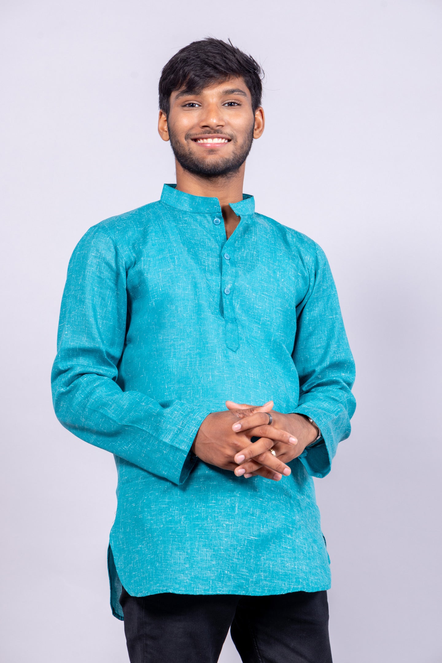 Cotton Blend Solid Casual Short Kurta for Men Long Sleeve Mandarin Collar Stylish Shirt Kurta for Men