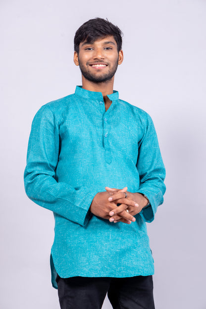 Cotton Blend Solid Casual Short Kurta for Men Long Sleeve Mandarin Collar Stylish Shirt Kurta for Men