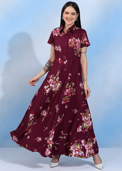 Women’s Maroon Floral Printed Maxi Dress with Shirt Collar & Short Sleeves